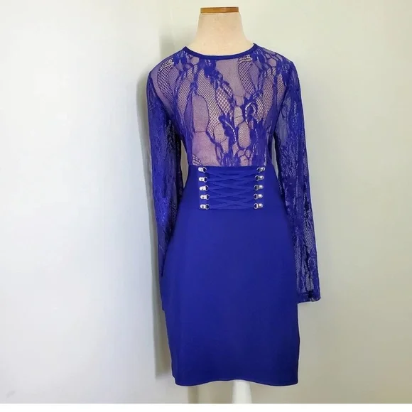 Royal blue lace mesh dress - Picture 1 of 4